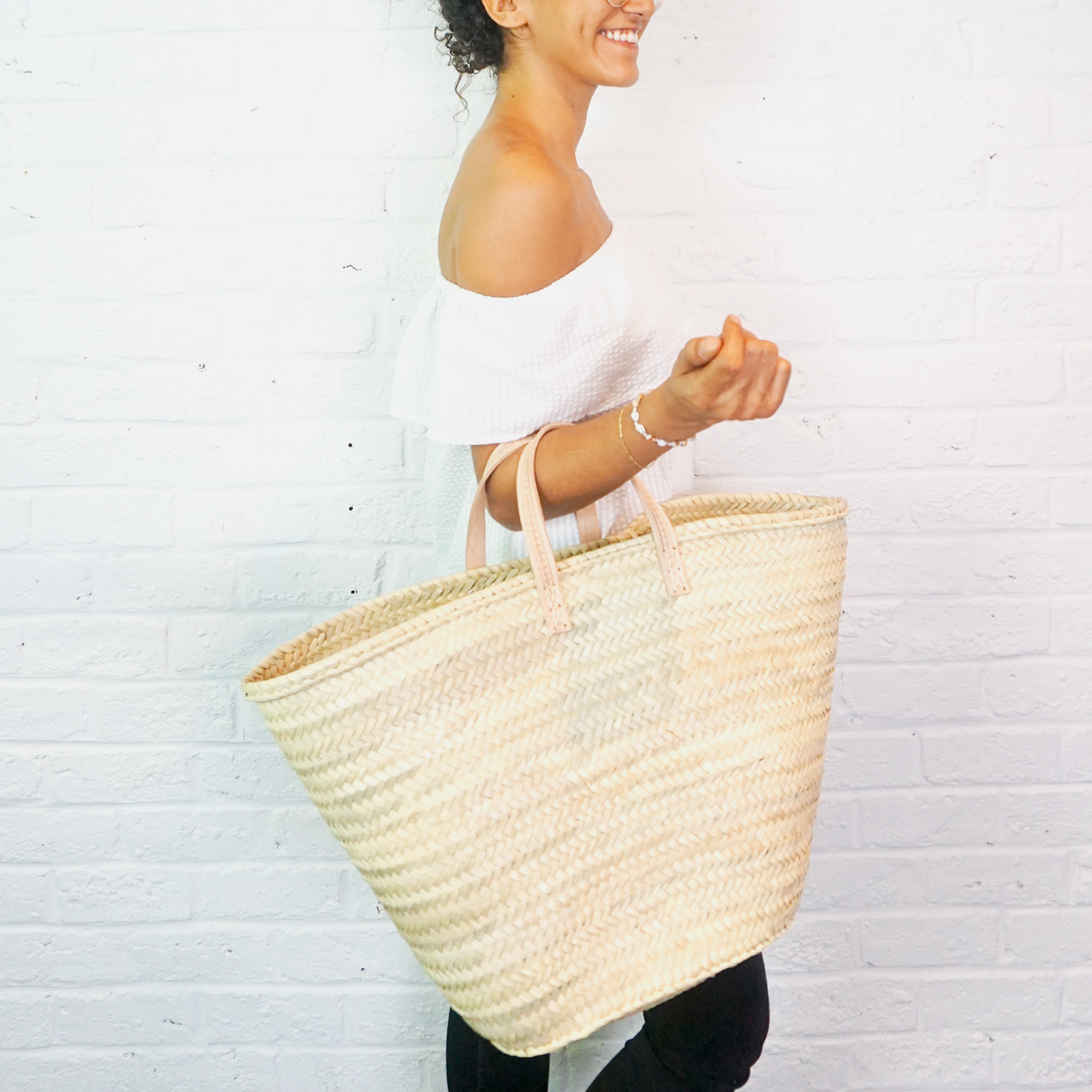 Panier cabas à courtes anses de cuir
