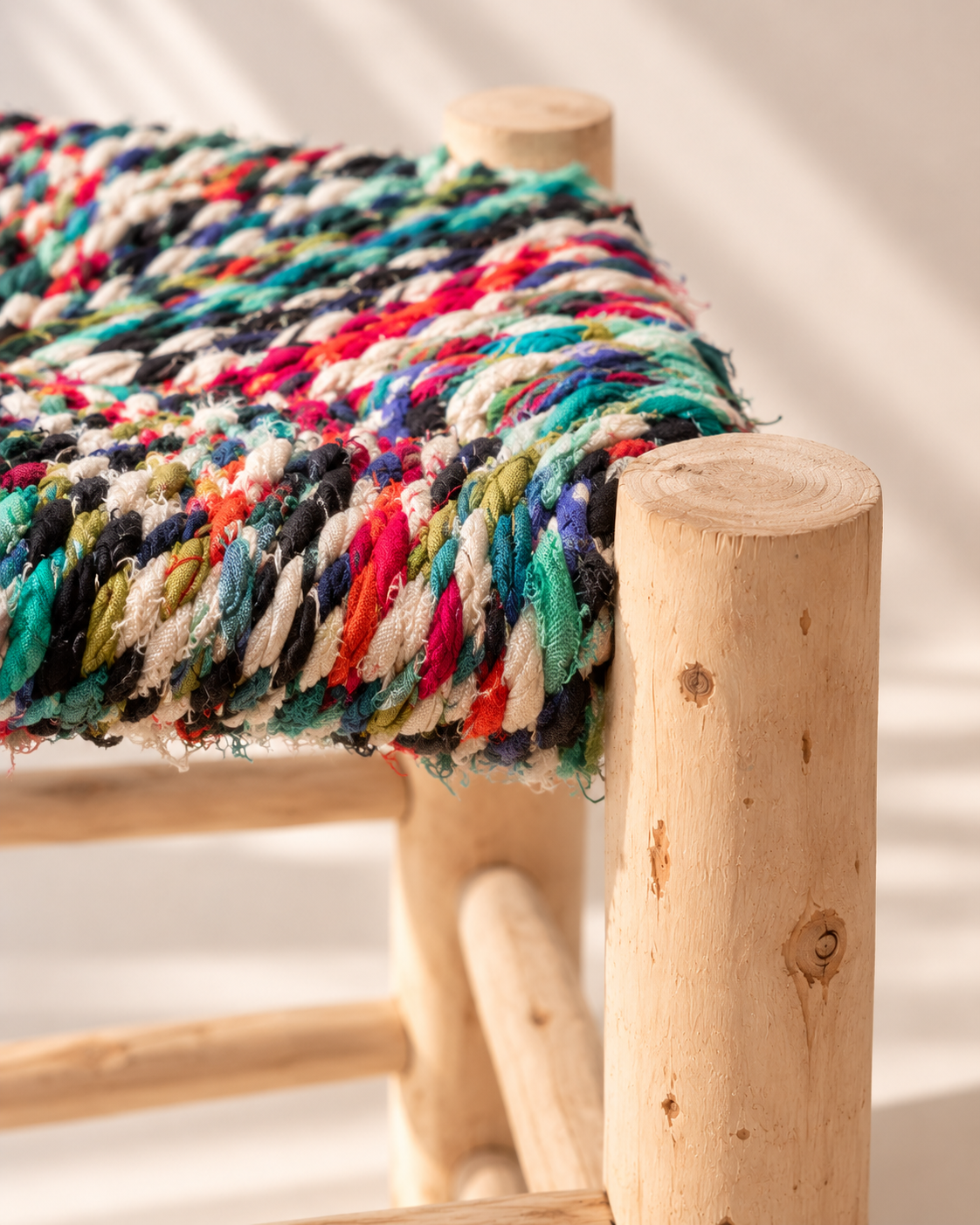 Wooden stool with upcycled fabric seat – H40 cm