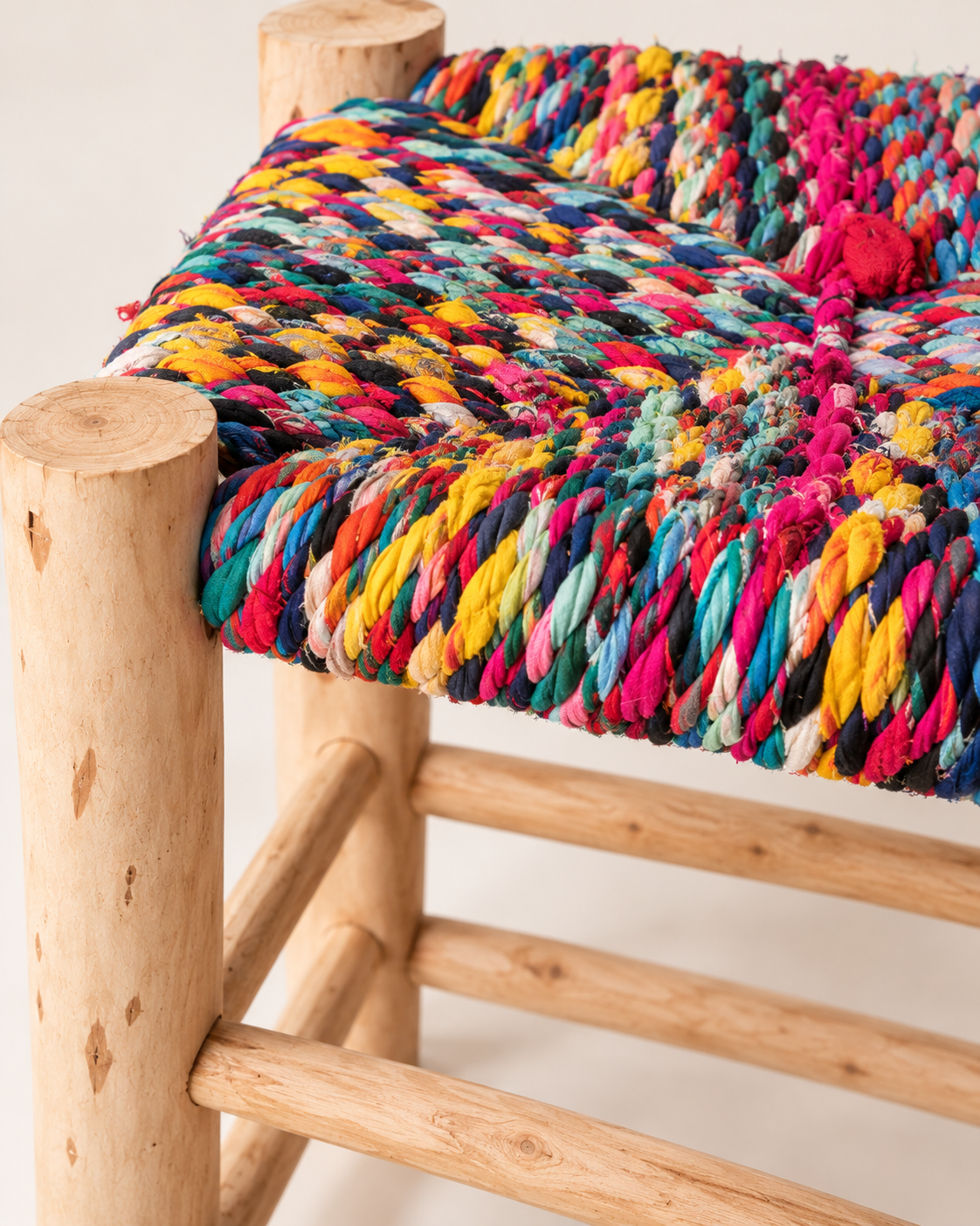Wooden stool with upcycled fabric seat – H40 cm