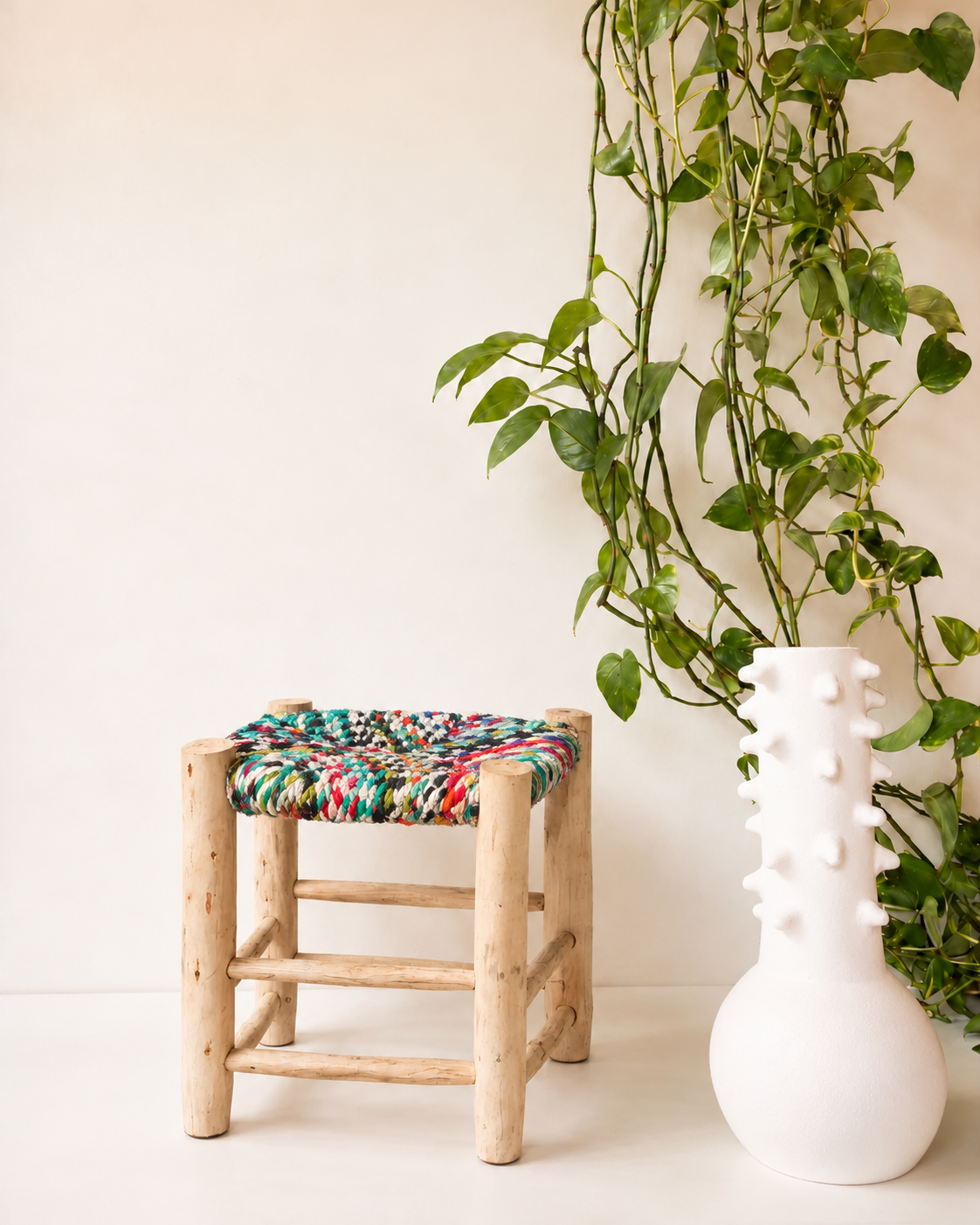 Wooden stool with upcycled fabric seat – H40 cm