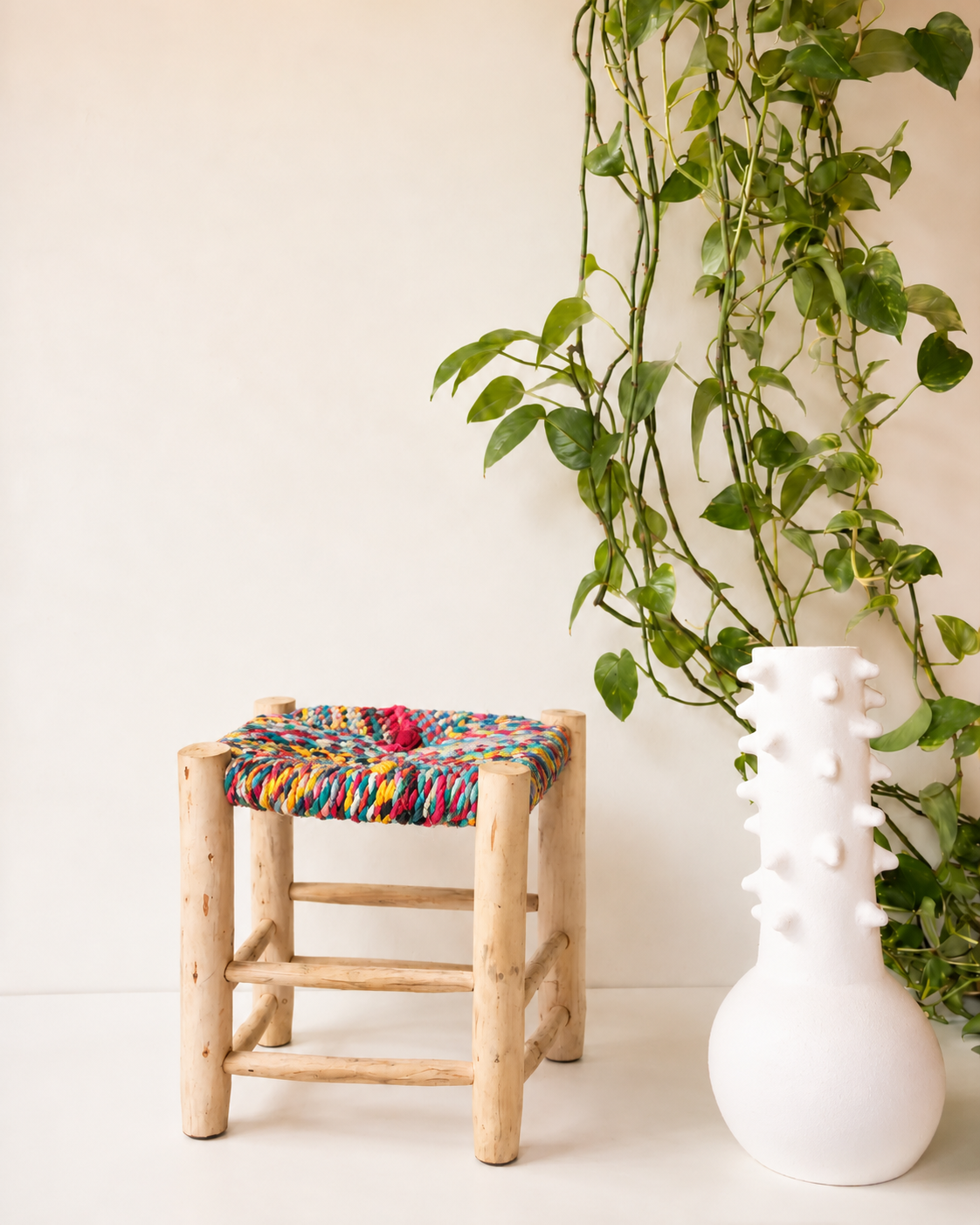 Wooden stool with upcycled fabric seat – H40 cm
