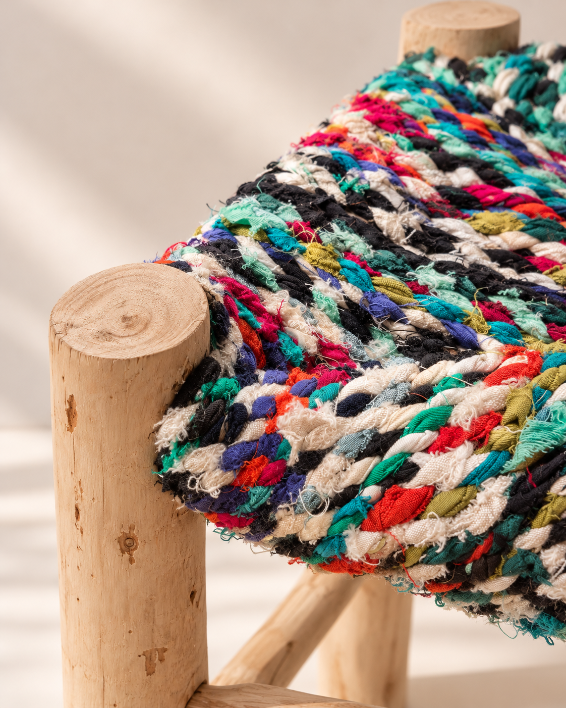 Wooden stool with upcycled fabric seat – H40 cm
