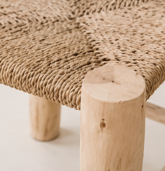Wooden stool with woven straw seat – H40 cm