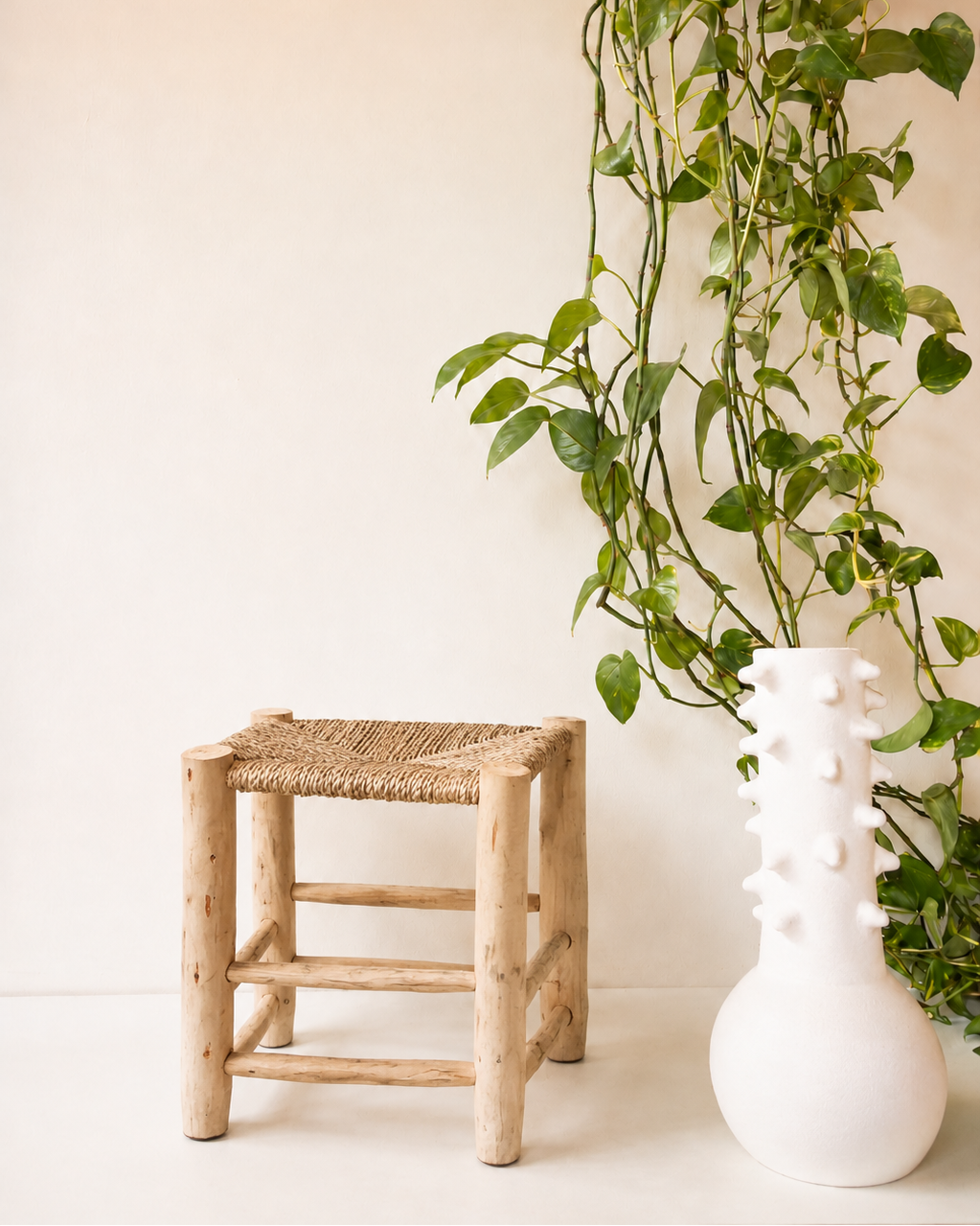 Wooden stool with woven straw seat – H40 cm