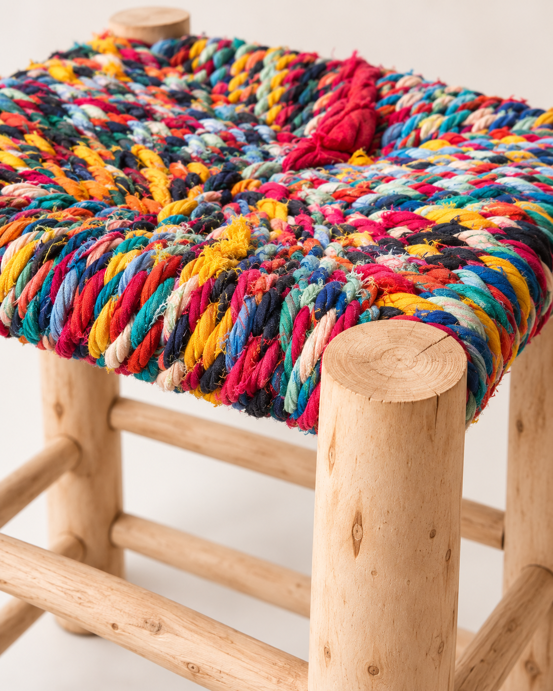 Wooden stool with upcycled fabric seat – H40 cm