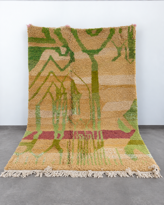 Tapis berbère Beni Ouarain coloré 300 × 210 cm sable doré et vert, laine nouée main au Maroc