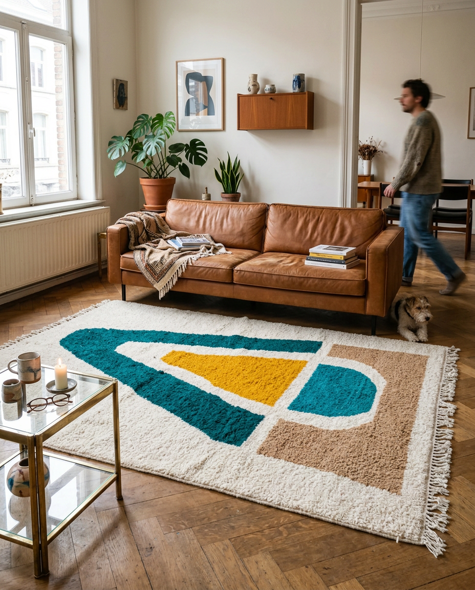 Tapis YAAS Beni Ouarain en laine artisanale avec motifs géométriques colorés dans un salon moderne