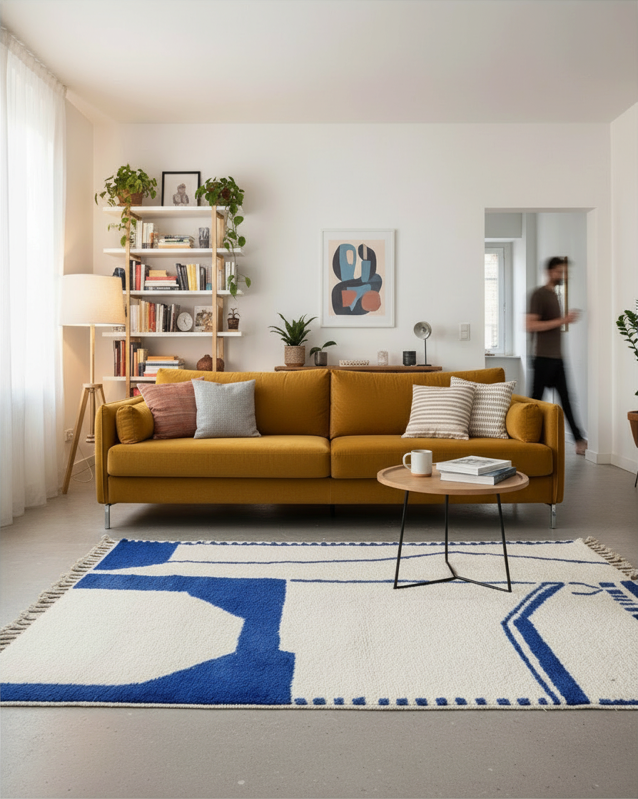 Tapis en laine YAAS x UHORAKEYE blanc et bleu à motifs géométriques dans un salon moderne avec canapé moutarde